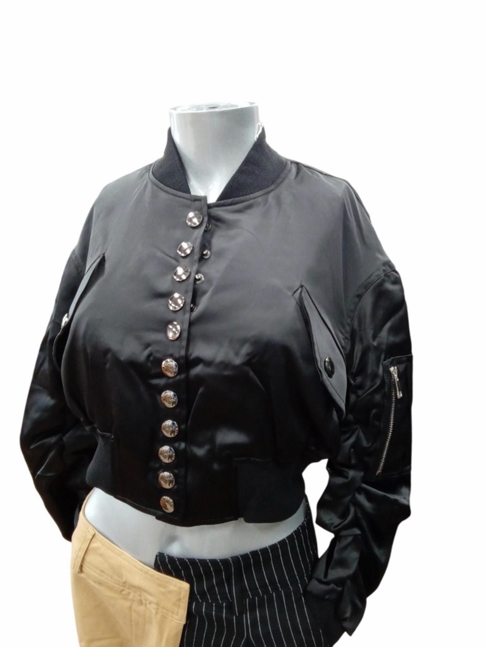 Black Satin Bomber Jacket with Crystal Button Front